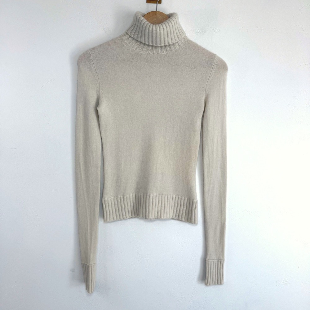 Lord & Taylor 2‎ Ply Cashmere Turtleneck Sweater Cream Fitted Quiet Luxury XS
